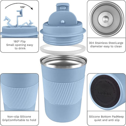 YINBAOGE Insulated Travel Coffee Mug, Spill & Leak Proof, Portable To Go Camping Stainless Steel Coffee Tumbler, Reusable Thermal Coffee Cup with Lid for Hot & Cold Drinks (Light blue, 17 OZ)