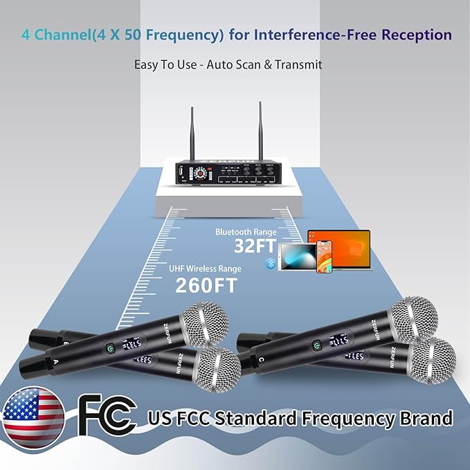 Pro 4 Channel Wireless Microphone System Rechargeable & Pre Effector, UHF Metal Handheld Cordless Mics with LCD Display, Vocal Cut, Bluetooth, USB Port, XLR, 1/4, Optical, RCA Input/Output