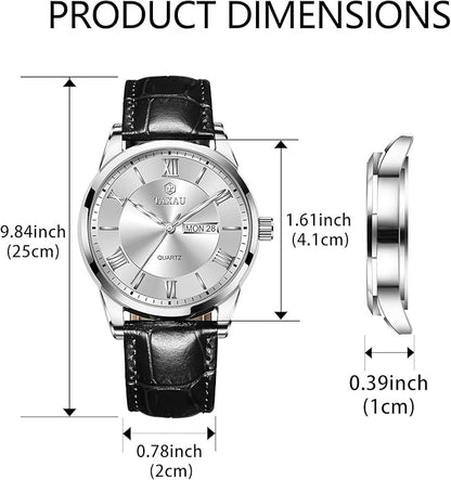 Mens Watches Luxury Dress Waterproof Leather Watch with Date Day Analog Quartz Large Number Wrist Watch Casual Classic Luminous Scales Big Face Easy Read Reloj para Hombre