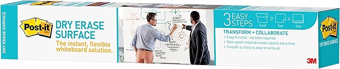Post-it Dry Erase Whiteboard Film Surface for Walls, Doors, Tables, Chalkboards, Whiteboards, and More, Removable, Stain-Proof, Easy Installation, 3 ft x 2 ft Roll (DEF3x2)