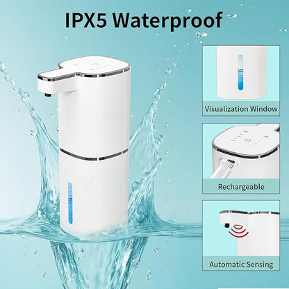Automatic Soap Dispenser Touchless, Wall Mounted Smart Soap Dispenser, USB Rechargeable, 4 Adjustable Levels, 14.2oz / 420ml Large Capacity, for Bathroom, Kitchen, School (White, Foaming)