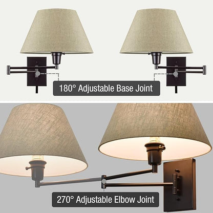 Kira Home Cambridge 15" Swing Arm Wall Lamp - Plug in/Wall Mount + Latte Mocha Fabric Shade, 150W 3-Way + Cord Covers, Black Finish, 2-Pack