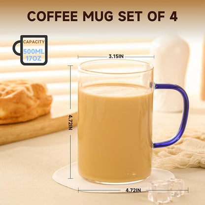 Glass Tea Cups Set of 4, Clear Borosilicate Glass Teacups with Handle for Tealover, Dishwasher & Microwave Safe Large Coffee Mugs for Espresso Cappuccino Latte Juice, 17OZ/500ML