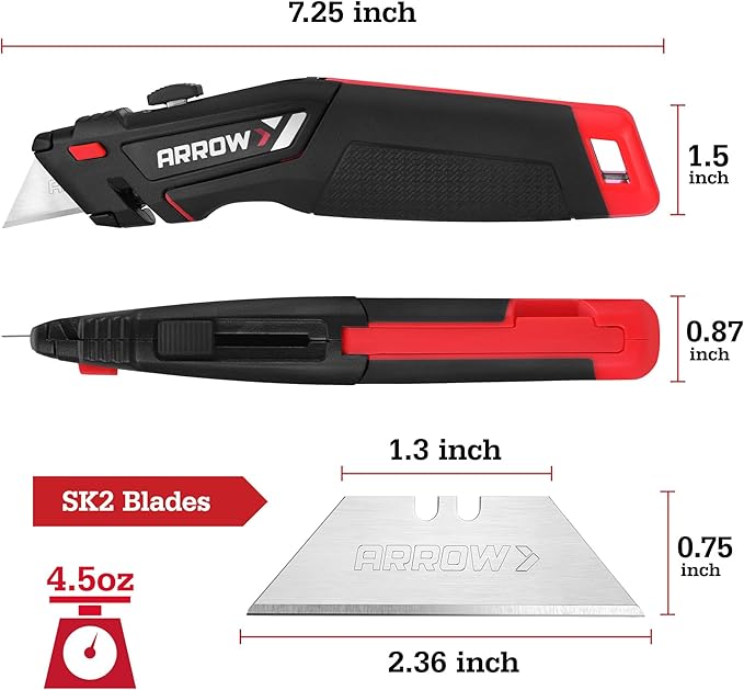 ARROW Retractable Utility Knife, Quick-Change Box Cutter with Blade Storage Design, Twine Cutter, Heavy Duty Aluminum Razor Knife with TPE Comfortable Handle, 15 Extra Blades Included