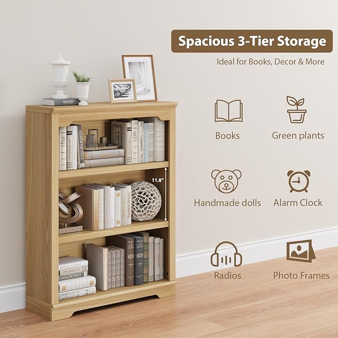HIFYOBRO 3 Tier Bookshelf and Bookcase, 31.5" Wide Wooden Book Shelf, Freestanding Open Display Storage Bookshelves for Study Room, Home Office, Living Room