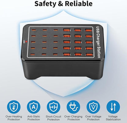 USB~C Charger Block, 150W(30A) 30 Port (15 USB A & 15 USB~C Port) Multiple USB Charging Station, Desktop USB Wall Charger Compatible with iPhone, iPad, Tablets, Smartphones