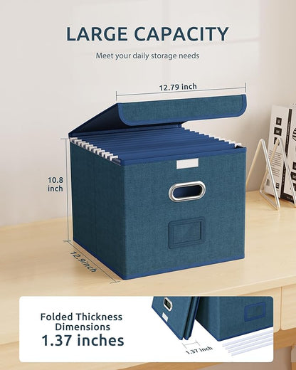 Oterri 2 Pack File Organizer Box,File Box,Small File Cabinet for Letter Folders,Dark Blue Portable Filing Box,Hanging File Folder Organizer with Lid for Office/Decor/Home- without Folders