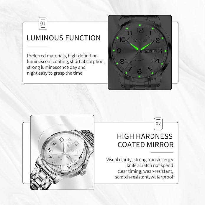 Stainless Steel Mens Watches with Day Date Quartz Analog Large Face Classic Watch Arabic Numerals Dress Luminous Rlojes para Hombres