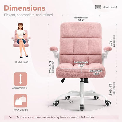 Office Chair with Wheels, Ergonomic Computer Desk Chair with Flip-up Armrest, Adjustable Rolling Swivel Chair Teddy Fleece – Dusty Pink