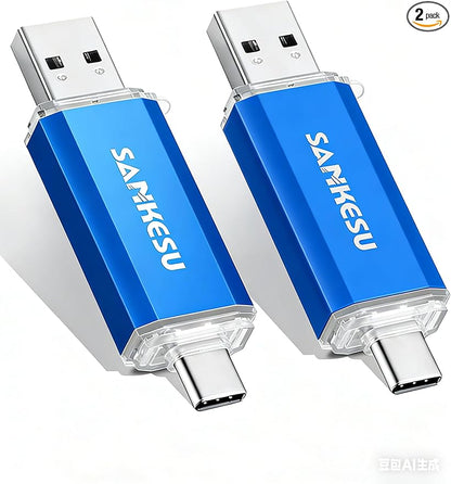 2 Pack 64GB USB C Flash Drive, Jump Drive USB-A & Type-C OTG Memory Stick, Dual Thumb Drive for PC/Laptop/Type C Cell Phone and Tablet (Blue)