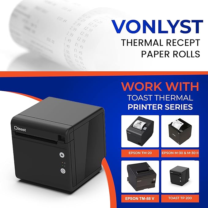 Thermal Printer Paper Roll for Toast TP200 Receipt Printer Point of Sale (12 rolls)