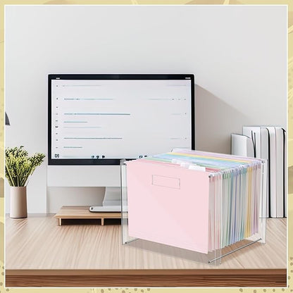 24 Hanging File Folder with Acrylic Organizer for Letter/a4 Size Desktop Clear File Storage Box with Handles for Home Work Office Use(Macaroon,Classic)