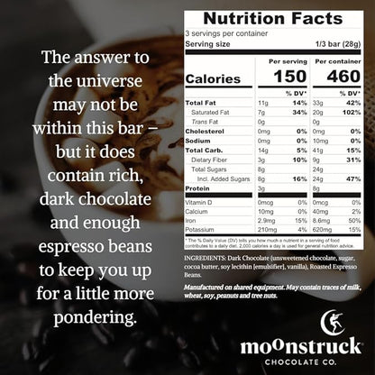 Moonstruck Chocolate Dark Chocolate Espresso Bean Bar, 68% Cacao, 3.0oz (Pack of 4)