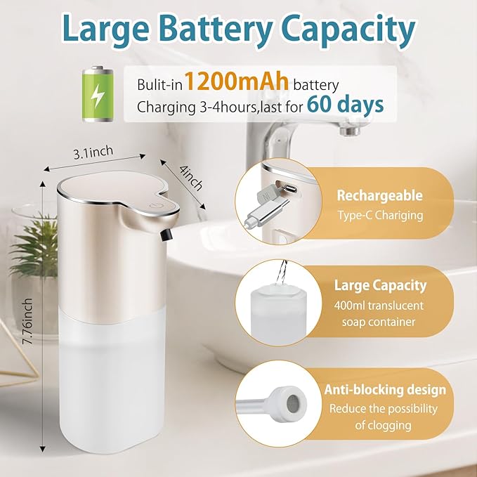 Soap Dispenser, Automatic Foaming Soap Dispenser with 4 Adjustable Volume Control, Touchless Rechargeable Hands Free Auto Soap Pump for Kitchen, Bathroom, Hotel, Restaurant,13.5oz/ 400ml