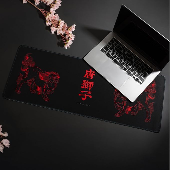 BELLEMOND Japanese Art Desk Mat | Large 31.5x11.8in Desk Pad | Mouse Pad for Keyboard & Mouse | Non-Slip Base, Water-Repellent, Smooth Precision | Kara-jishi - Twin Lions