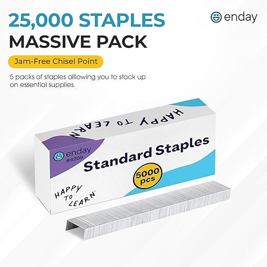 25,000 Standard Staples - 1/4 Inch Length, 210 per Strip, Jam-Free Chisel Point, Staples for Stapler, Replacement, Fits Standard Staplers, 5 Boxes of 5,000 Each, by enday