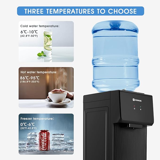 Top Loading Water Cooler Dispenser, 5 Gallon Hot & Cold Water Cooler with Freezer Cabinet, Water Dispenser with Child Safety Lock for Home Office, Apartment, Dorm, Gym