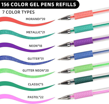 Gel Pens Ink Refills for Adult Coloring Book, 156 Pack Artist Colored Pens Refills with 40% More Ink, Glitter Gel Pens and Coloring Book, Perfect Art Supplies for Adults for Coloring