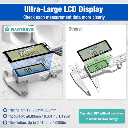 Digital Caliper 6 Inch with Large LCD Screen, Inch/MM/Fraction Conversion, 150mm Micrometer Caliper All Stainless Steel Diameter Measuring Tool for Jewelers/Woodworkers/DIY