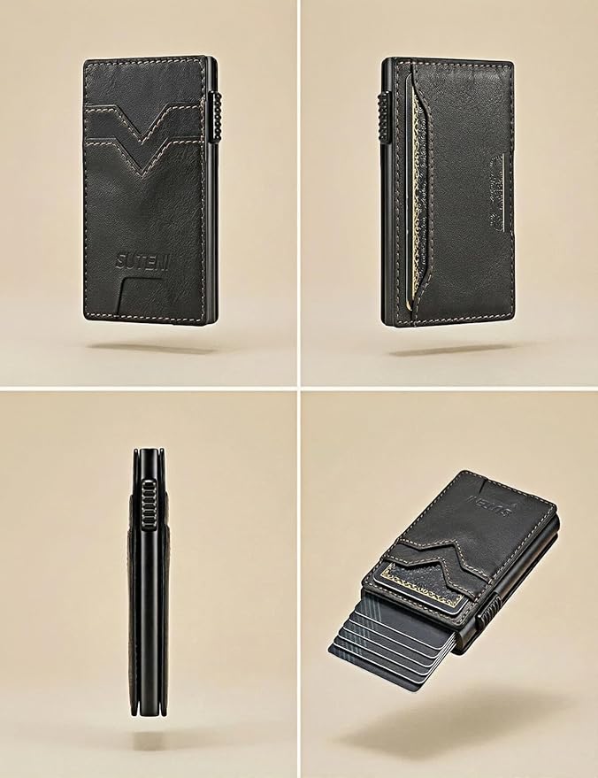 Men's Slim Wallet, RFID Blocking Metal Card Holder, Pop Up Design, Minimalist Style, Holds 9 Cards (Black)