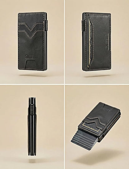 Men's Slim Wallet, RFID Blocking Metal Card Holder, Pop Up Design, Minimalist Style, Holds 9 Cards (Black)