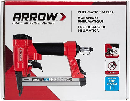 Arrow PT50 Oil-Free Pneumatic Staple Gun, Professional Heavy-Duty Stapler for Wood, Upholstery, Carpet, Wire Fencing, Fits 1/4”, 5/16”, 3/8", 1/2", 9/16” Staples, Red (Pack of 3)