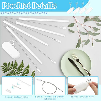 Meanplan 4 Sets Cruise Ship Essentials,4 Set Silicone Straws with Case Reusable Silicone Portable Drinking Straw Set for Party Travel Cold or Hot with 4 Carry Case, 4 Cleaning Brushes (White)