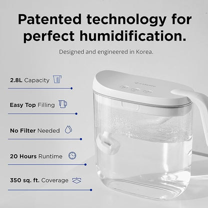Carepod Mini 21P Ultrasonic Cool Mist Humidifier Whisper-Quiet Filter-Free Easy Clean - Only 3 Washable Parts to Clean, Auto Shut-off, 0.74gal 2.8l Tank, Nursery, Baby, Kids Bedrooms