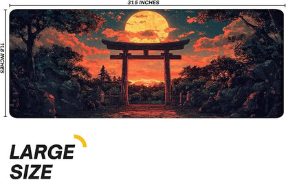 Japanese Forest Full Moon Gaming Mouse Pad with Non-Slip Rubber Base, Large Anime Mousepad with Stitched Edges, Long Keyboard Mat for Home and Office, 31.5 x 11.8 inches