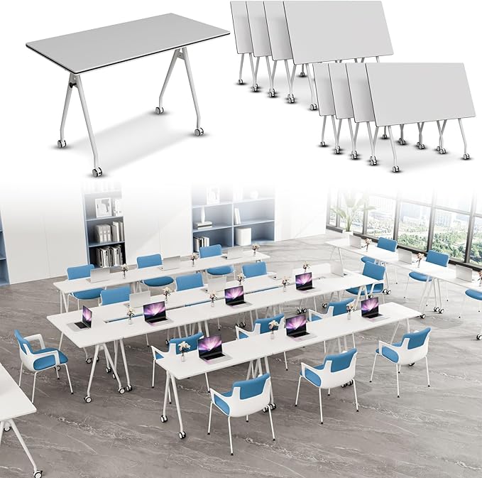 Folding Conference Table, Rectangular Conference Room Tables, Mobile Modular Training Table, Solid Steel Frame,Thickened Panel,for Offices,Meeting Room,Offices andSchools (8, White, 55in)