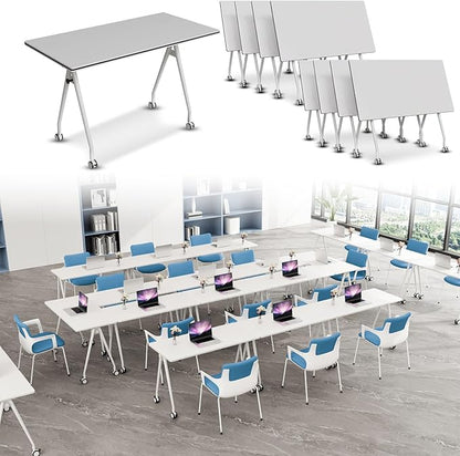 Folding Conference Table, Rectangular Conference Room Tables, Mobile Modular Training Table, Solid Steel Frame,Thickened Panel,for Offices,Meeting Room,Offices andSchools (8, White, 55in)