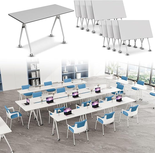 Folding Conference Table, Rectangular Conference Room Tables, Mobile Modular Training Table, Solid Steel Frame,Thickened Panel,for Offices,Meeting Room,Offices andSchools (8, White, 55in)