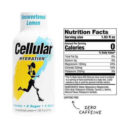 Cellular Hydration Shots Unsweetened Lemon Flavor – 24 Pack of 1.93 fl oz Shots – Electrolytes – Amino Acids – Zero Sugar – Zero Sodium – Vegan – Gluten-Free Hydration