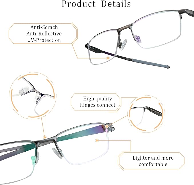 LifeArt Blue Light Blocking Glasses, Anti Eyestrain, Computer Reading Glasses, Gaming Glasses, TV Glasses for Women Men, Stylish Unisex Alloy Square Frame (Gray, +3.25 Magnification)