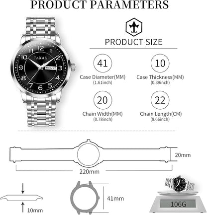 Stainless Steel Mens Watches with Day Date Quartz Analog Large Face Classic Watch Arabic Numerals Dress Luminous Rlojes para Hombres