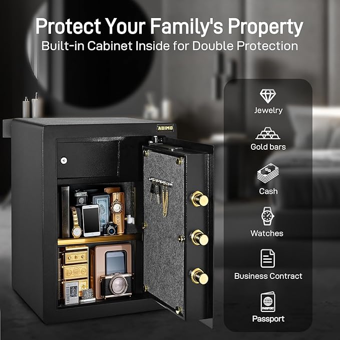 ADIMO Safe, 2.1 Cuft Heavy Duty Steel Home Safe Box with Digital Keypad&Key Lock, Built-In Lockable Cabinet, Hidden Money Box Storage for Document Jewelry w/Fireproof Waterproof Bag Home Office