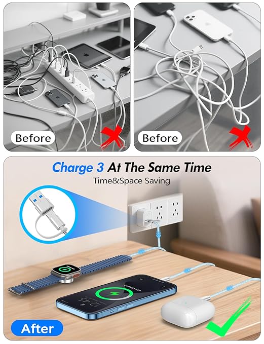 2Pack Multi Charging Cable Cord for Travel Essentials,Apple Watch Charger,iPhone Charger,[3-in-2] Type C/Lightning Cable Portable Designed for iWatch,iPhone 17-8,Galaxy S25-21,AirPods,iPad-1.5M Blue