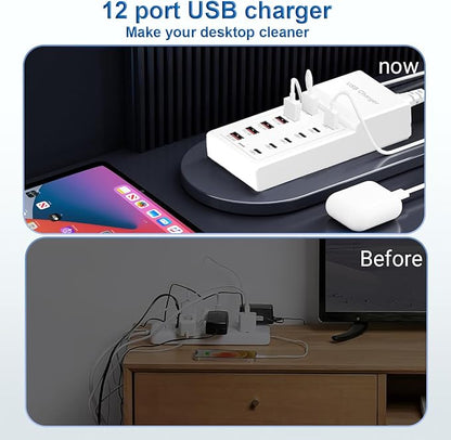 USB Charging Station 50w10A 12 Ports Multiple Charging Block, USB C Strip for iPhone 13/14/15/16/17/Smartphone/Tablet/Watch/Headphones and Multiple Charger Plug