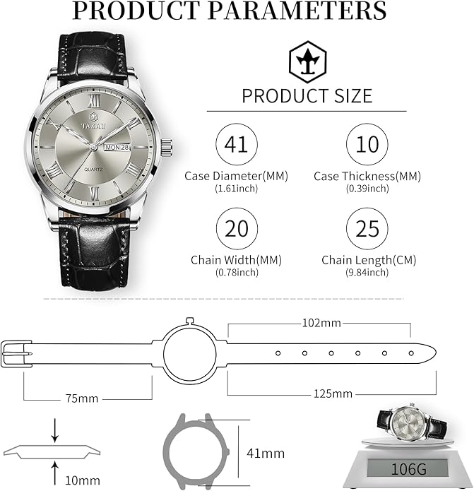 Men's Watch Big Face Easy Read Arabic Numeral Dress Watches for Men Classic Black Brown Leather Band Analog Mens Wrist Watch with Day and Date Fashion Business Waterproof Luminous Quartz Watch