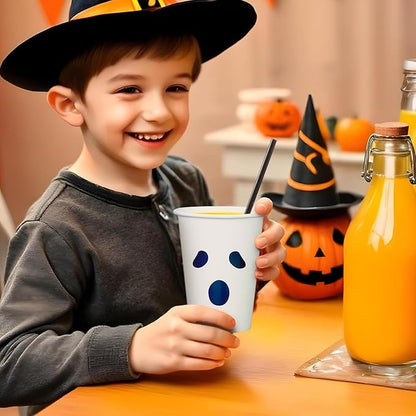 Halloween Disposable Paper Party Cups, Bulk 50 Pack, Leak-Resistant, 12 oz Hot and Cold Cups for Restaurants and Parties, Ghost Face