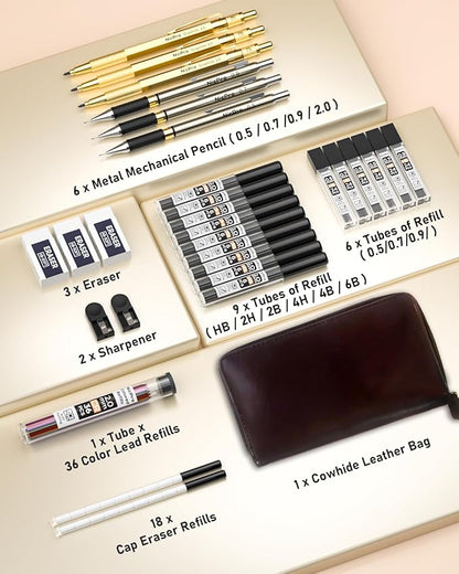 Nicpro 30PCS Art Mechanical Pencils Set in Leather Case, Gold Metal Drafting Pencil 0.5, 0.7, 0.9 mm, 2mm Lead Pencil Holder for Sketching Drawing With 16 Tube (6b 4B 2B HB 2H 4H Colors) Lead Refill