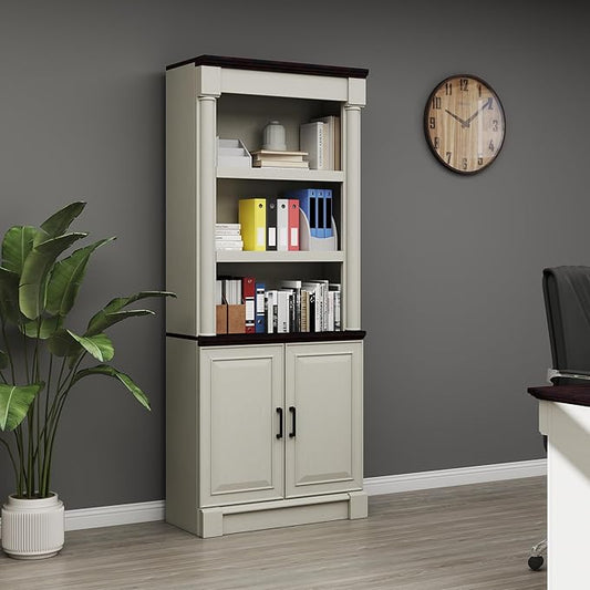 72" Roman Column Bookcase with Double Door Cabinet, 5 Tiers Tall Bookshelf Shelves Storage and Anti Tip Kit, Classic American European Modern Multi Style Design for Living Room Study Office, White