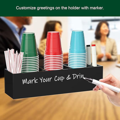 Triple Cup Holder with Marker Slot, Party Cup Dispenser Acrylic Cup Organizer Mark Your Cup and Drink Up Caddy Modern Bar Counter Decor, Black