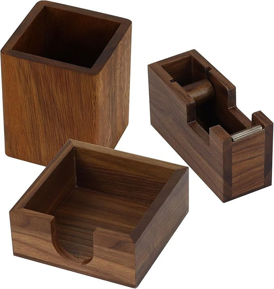 Natural Organizer Set of 3, Wooden Walnut Sticky Notes Holder Tape Dispenser Cutter and Pen Pencil Cup Holder for Women Office Home School