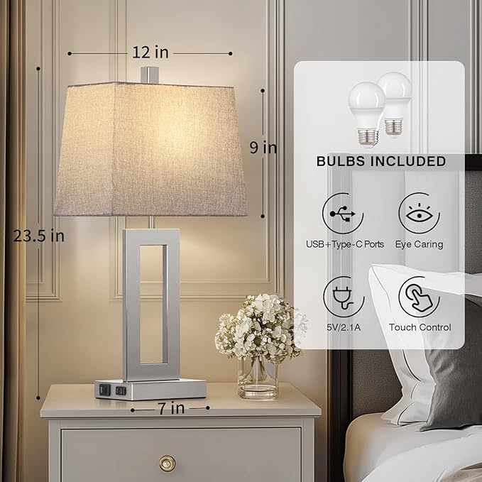 Touch Control Table Lamp Set of 2, Modern Silver Bedside Lamps with USB C+A Ports & AC Outlet, 3 Way Dimmable Bedroom Lamps for Night Stands Bedroom Living Room,Nightstand Lamp