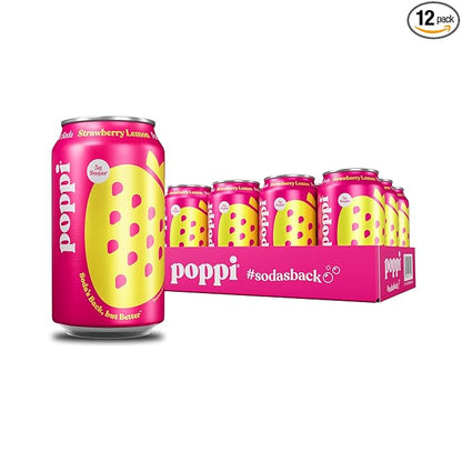 Poppi Sparkling Prebiotic Soda Beverage with Apple Cider Vinegar, Seltzer Water and Fruit Juice, Strawberry Lemon Flavor, 12 FL Oz, Pack of 12, Packaging May Vary
