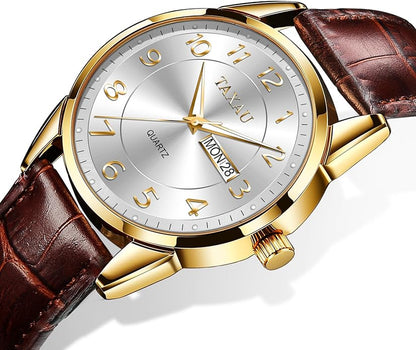 Men's Watch Big Face Easy Read Arabic Numeral Dress Watches for Men Classic Black Brown Leather Band Analog Mens Wrist Watch with Day and Date Fashion Business Waterproof Luminous Quartz Watch