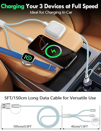 1Pack Multi Charging Cable Cord for Travel Essentials,Apple Watch Charger,iPhone Charger,[3-in-2] Type C/Lightning Cable Portable Designed for iWatch,iPhone 17-8,Galaxy S25-21,AirPods,iPad-1.5M Blue