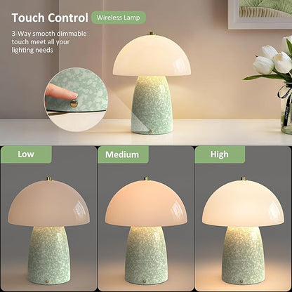 11" Mushroom Table Lamp, Small Ceramic Desk Bedside Lamp with Touch Control 3-Way Dimmable & Glass Shade, Modern Nightstand Lamp for Living Room Bedroom Home Office Crackle Texture Decor-Green