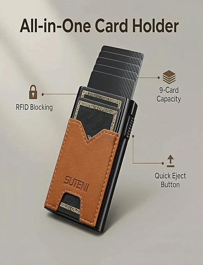 Men's Slim Wallet, RFID Blocking Metal Card Holder, Pop Up Design, Minimalist Style, Holds 9 Cards (Brown)